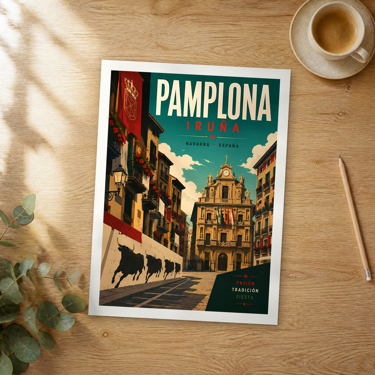 Unframed Pamplona retro travel poster on a wooden table
