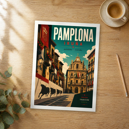 Unframed Pamplona retro travel poster on a wooden table