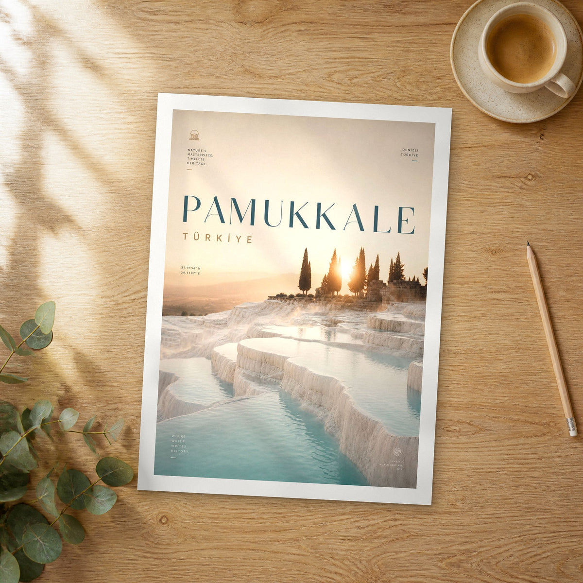 Unframed Pamukkale bold typography travel poster on a wooden table