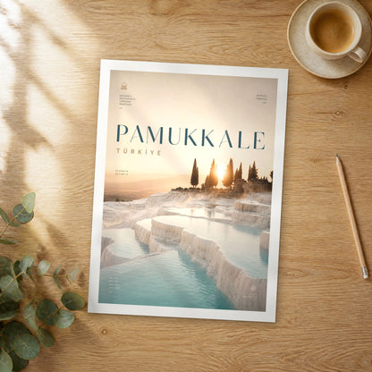 Unframed Pamukkale bold typography travel poster on a wooden table