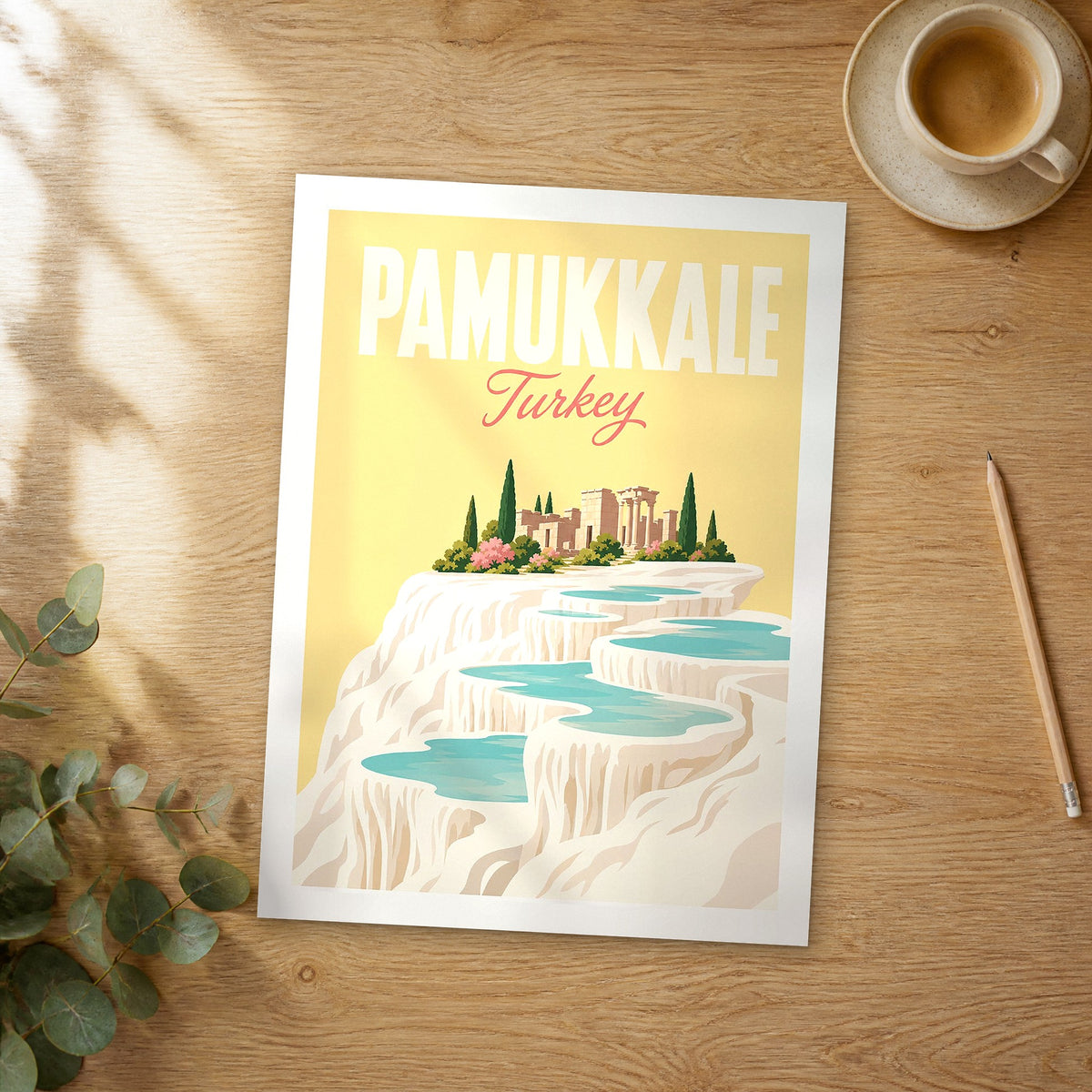Unframed Pamukkale pastel pop art travel poster on a wooden table