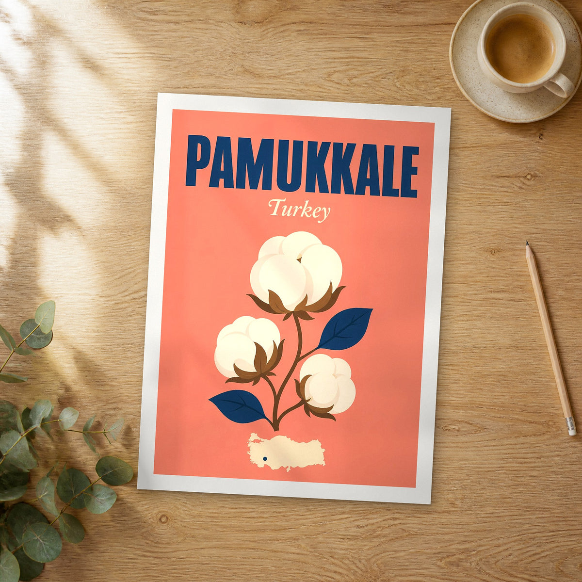 Unframed Pamukkale pop art travel poster on a wooden table