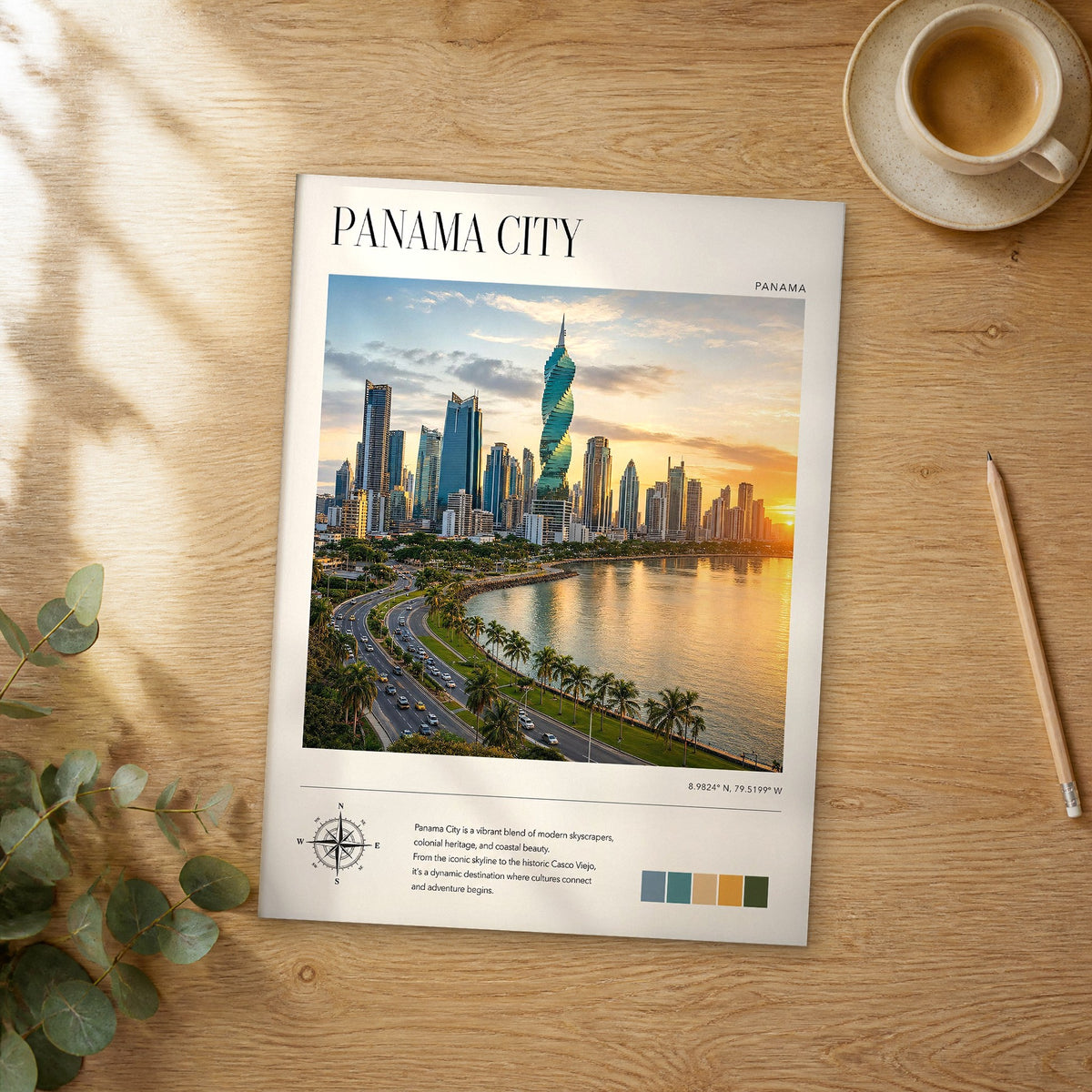 Unframed Panama City modern photography travel poster on a wooden table