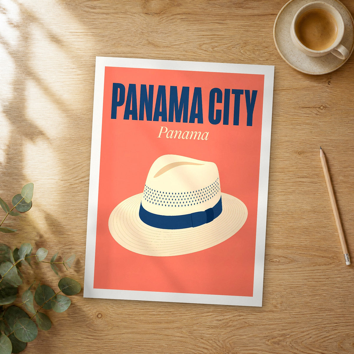 Unframed Panama City pop art travel poster on a wooden table