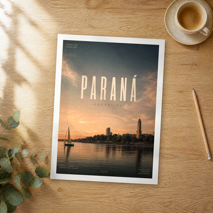 Unframed Paraná bold typography travel poster on a wooden table