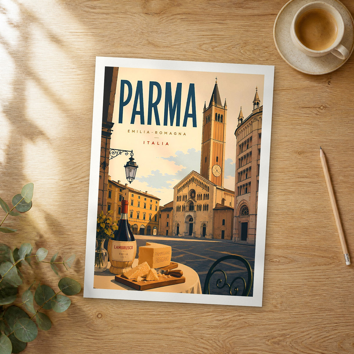 Unframed Parma retro travel poster on a wooden table