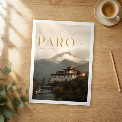 Unframed Paro bold typography travel poster on a wooden table