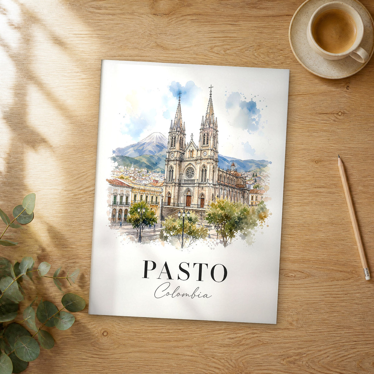 Unframed Pasto watercolor travel poster on a wooden table