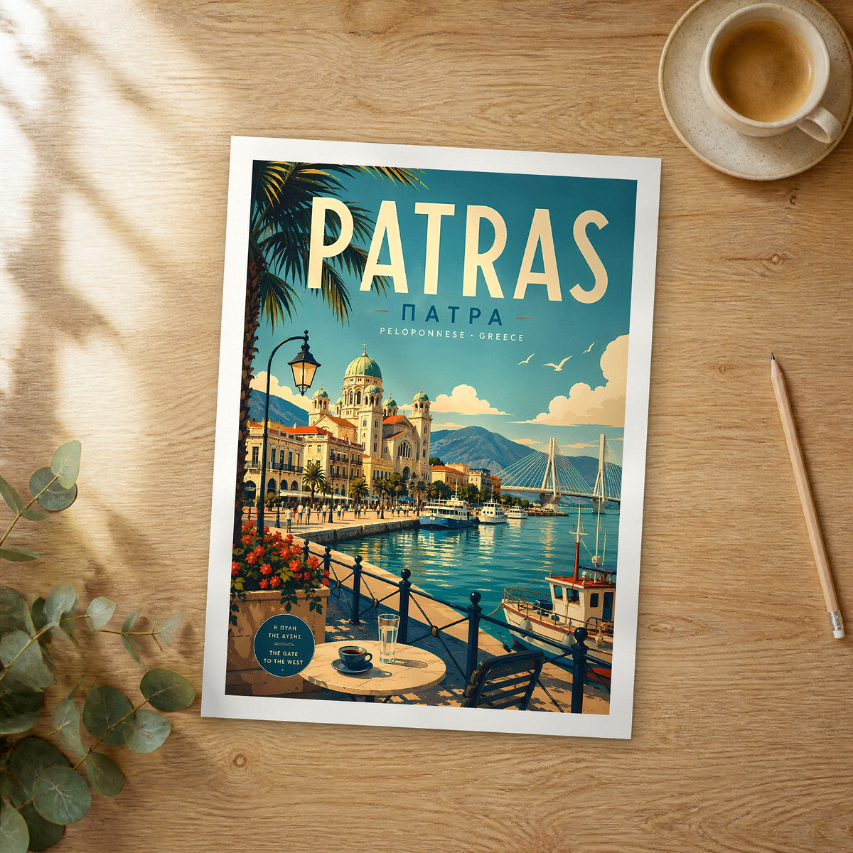 Unframed Patras retro travel poster on a wooden table