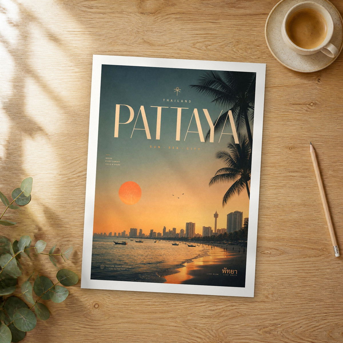 Unframed Pattaya bold typography travel poster on a wooden table