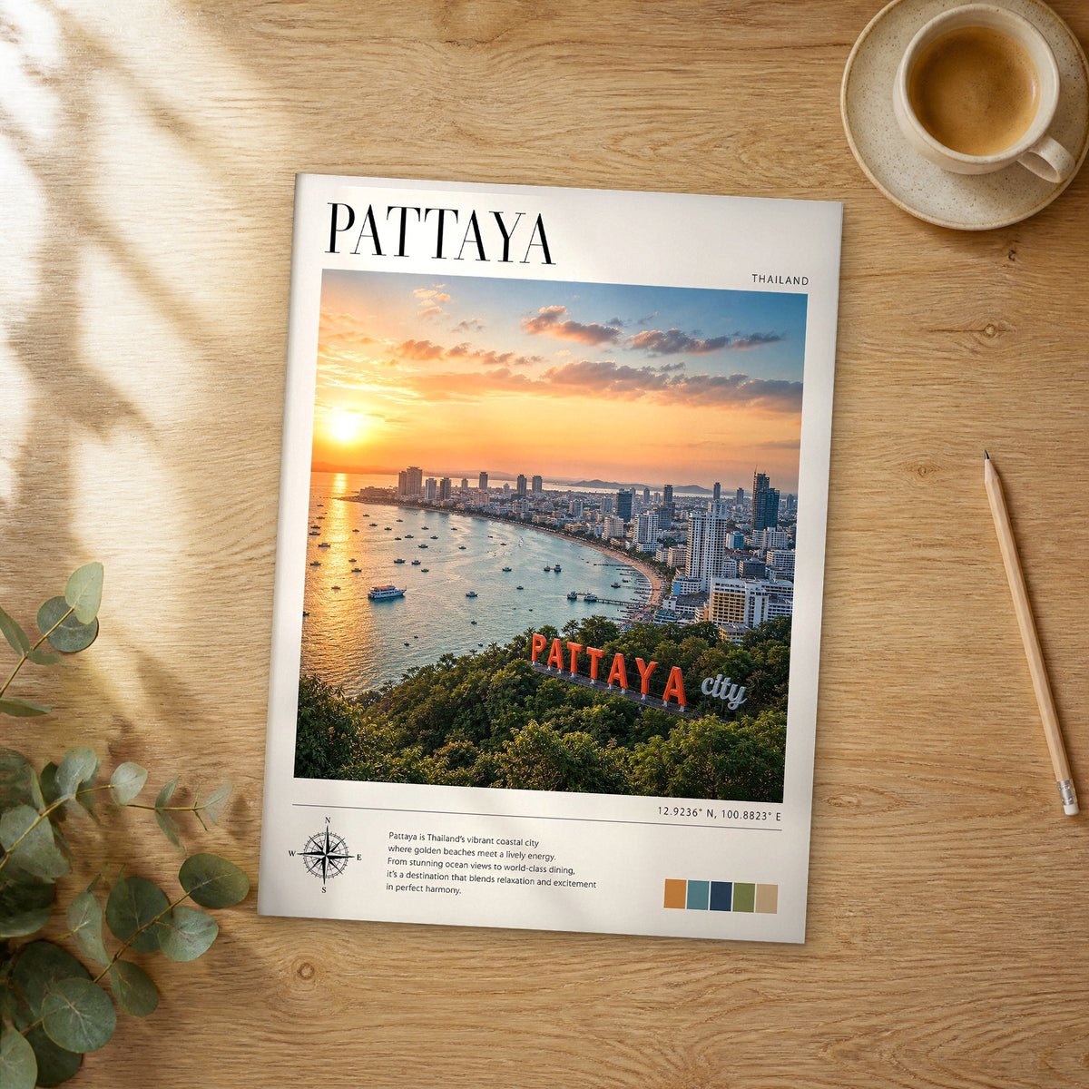Unframed Pattaya modern photography travel poster on a wooden table