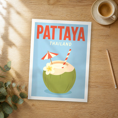 Unframed Pattaya pop art travel poster on a wooden table