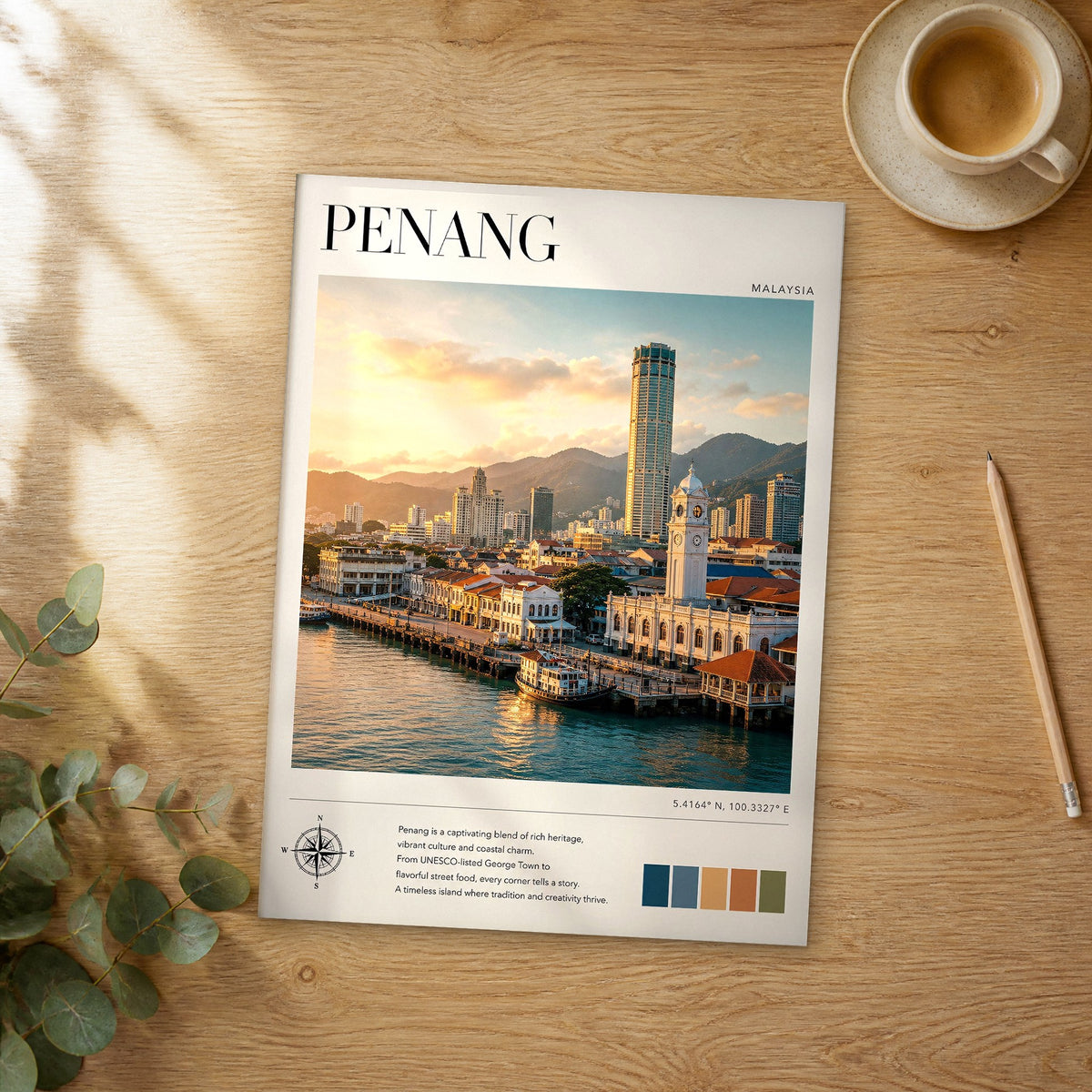 Unframed Penang modern photography travel poster on a wooden table