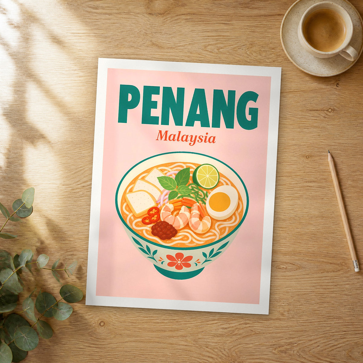 Unframed Penang pop art travel poster on a wooden table