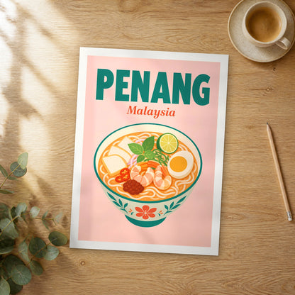 Unframed Penang pop art travel poster on a wooden table