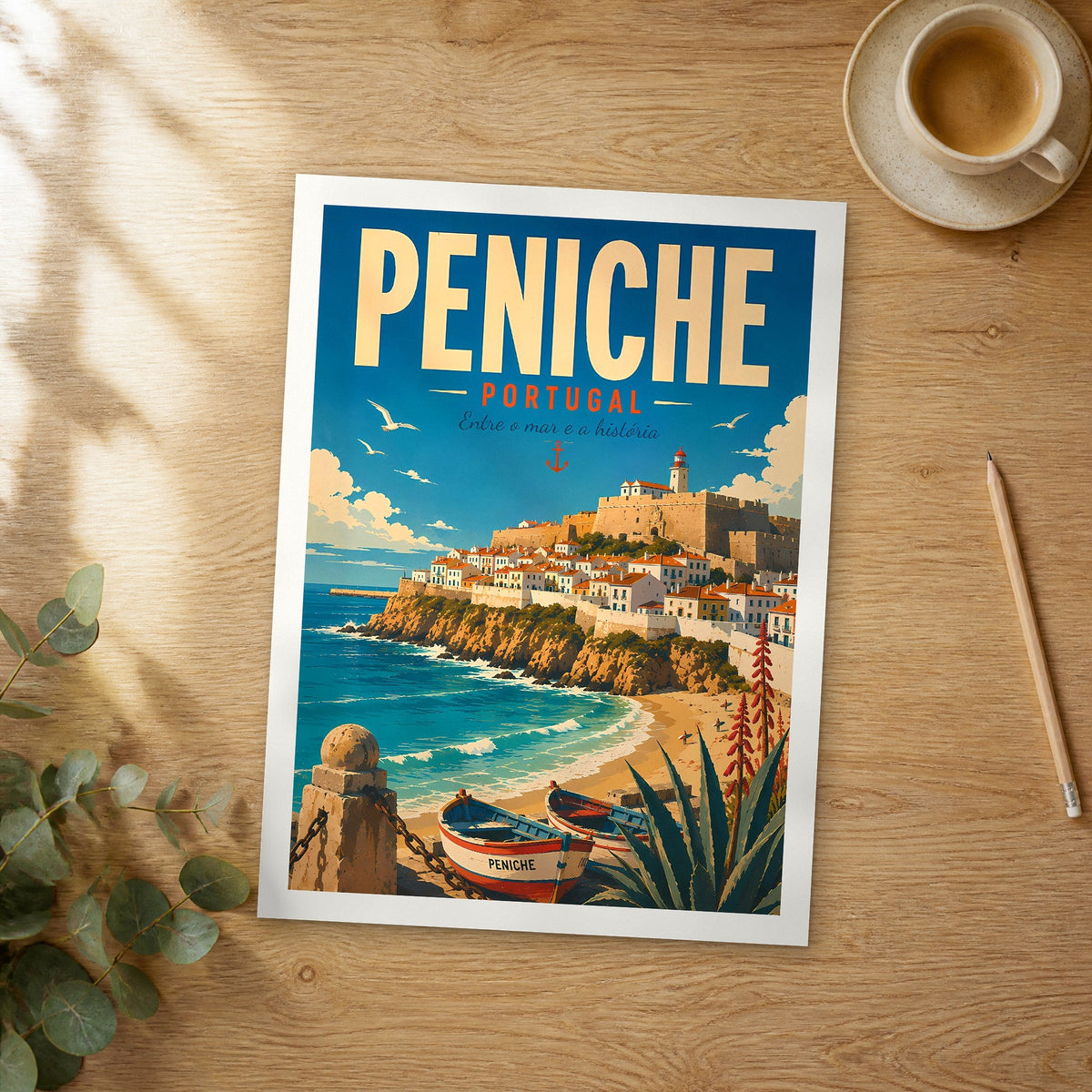 Unframed Peniche retro travel poster on a wooden table