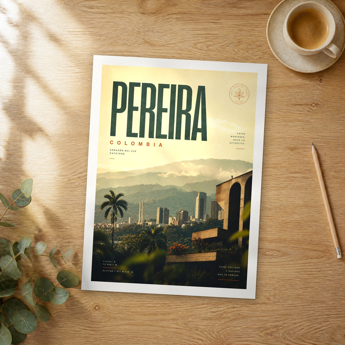 Unframed Pereira bold typography travel poster on a wooden table
