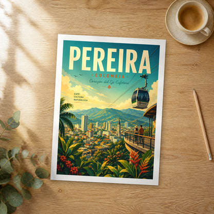 Unframed Pereira Megacable Over City retro travel poster on a wooden table
