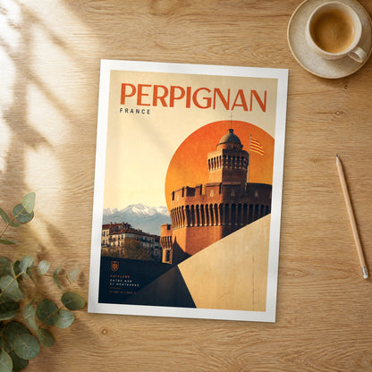 Unframed Perpignan bold typography travel poster on a wooden table