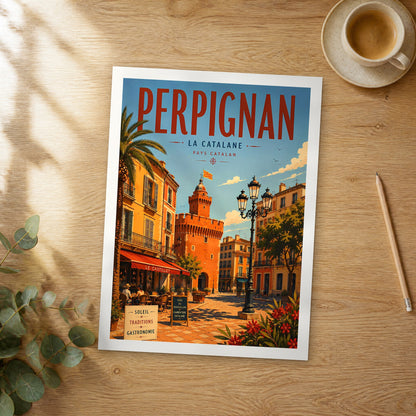 Unframed Perpignan retro travel poster on a wooden table