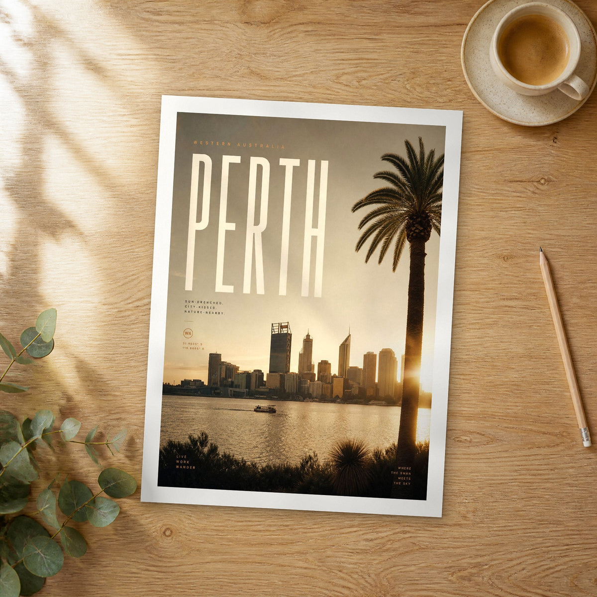 Unframed Perth bold typography travel poster on a wooden table