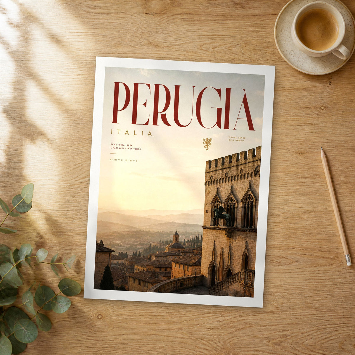 Unframed Perugia bold typography travel poster on a wooden table