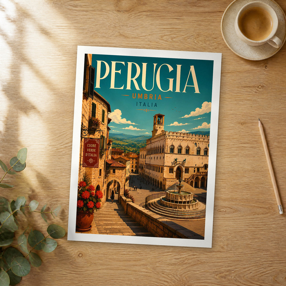 Unframed Perugia retro travel poster on a wooden table