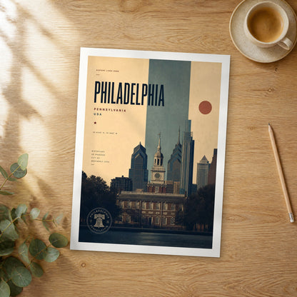 Unframed Philadelphia bold typography travel poster on a wooden table