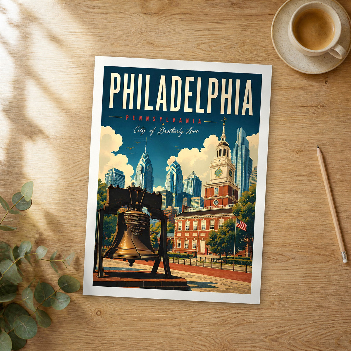 Unframed Philadelphia retro travel poster on a wooden table