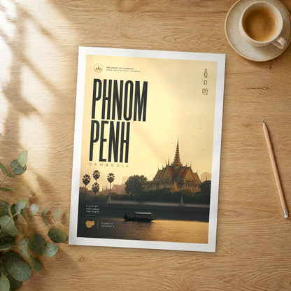 Unframed Phnom Penh bold typography travel poster on a wooden table