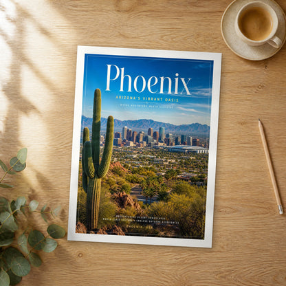 Unframed Phoenix Saguaro Skyline View editorial travel poster on a wooden table