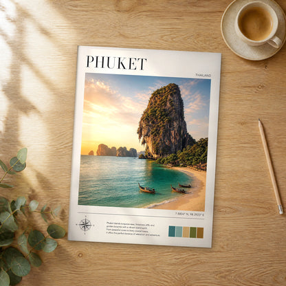 Unframed Phuket modern photography travel poster on a wooden table