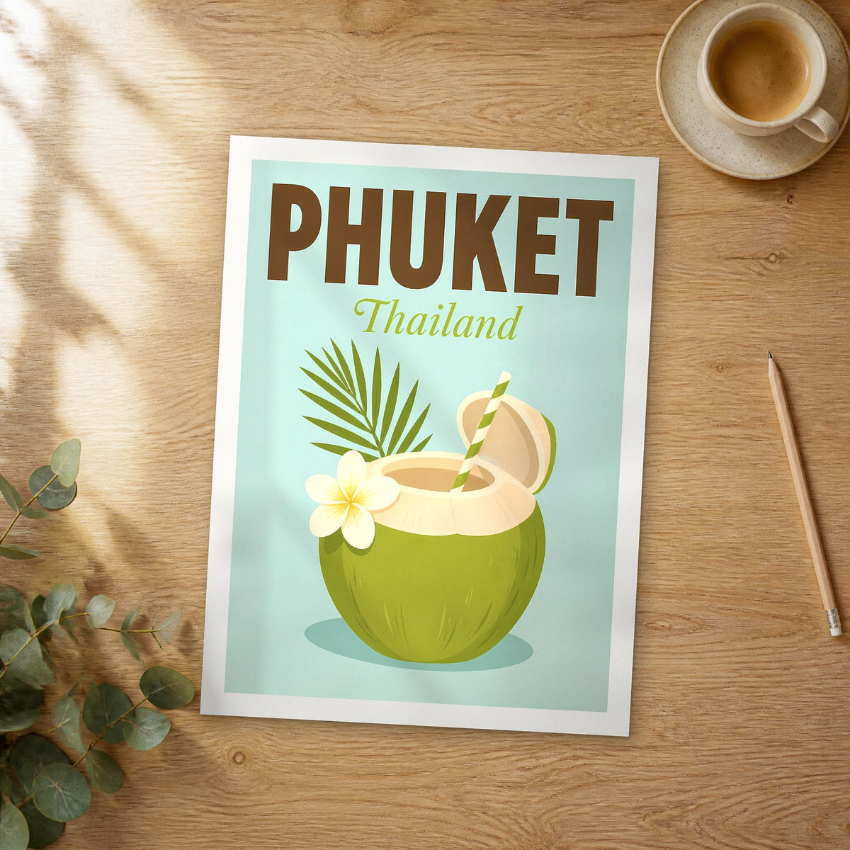 Unframed Phuket pop art travel poster on a wooden table