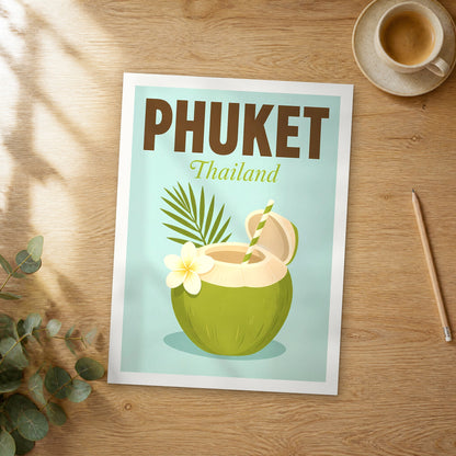 Unframed Phuket pop art travel poster on a wooden table