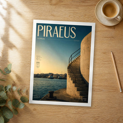 Unframed Piraeus Harbour Stairway at Sunset bold typography travel poster on a wooden table