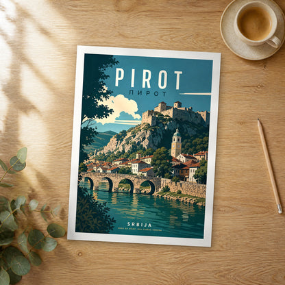 Unframed Pirot retro travel poster on a wooden table