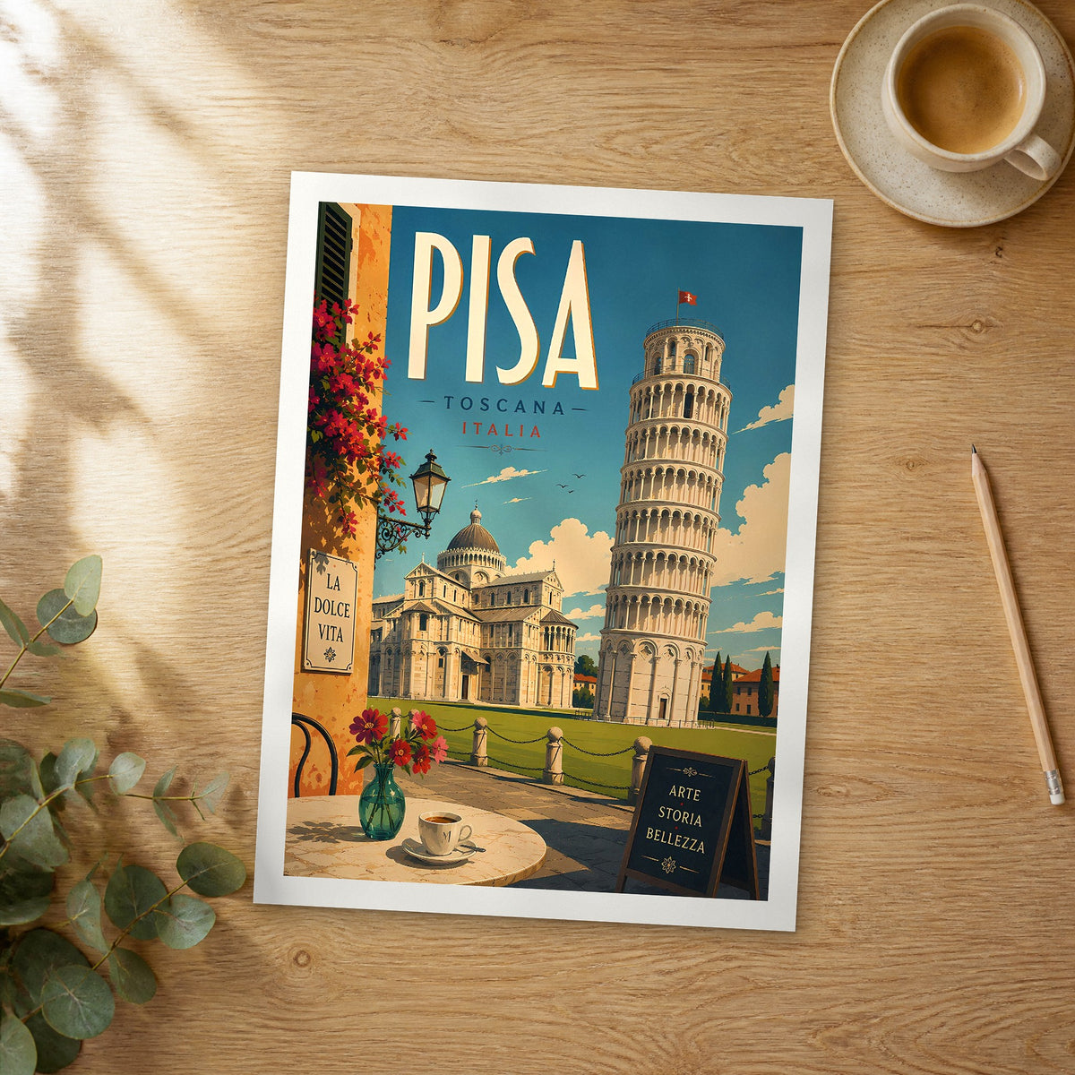 Unframed Pisa Cathedral and Leaning Tower retro travel poster on a wooden table