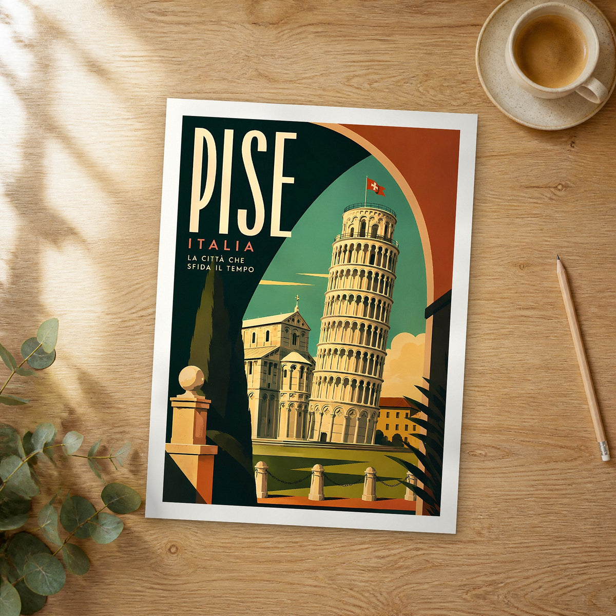 Unframed Pisa Leaning Tower Archway retro travel poster on a wooden table