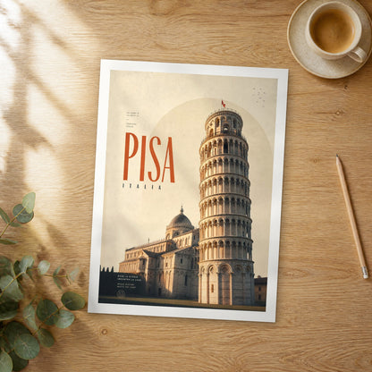 Unframed Pisa Leaning Tower Close-Up bold typography travel poster on a wooden table