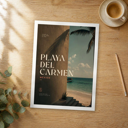 Unframed Playa del Carmen bold typography travel poster on a wooden table