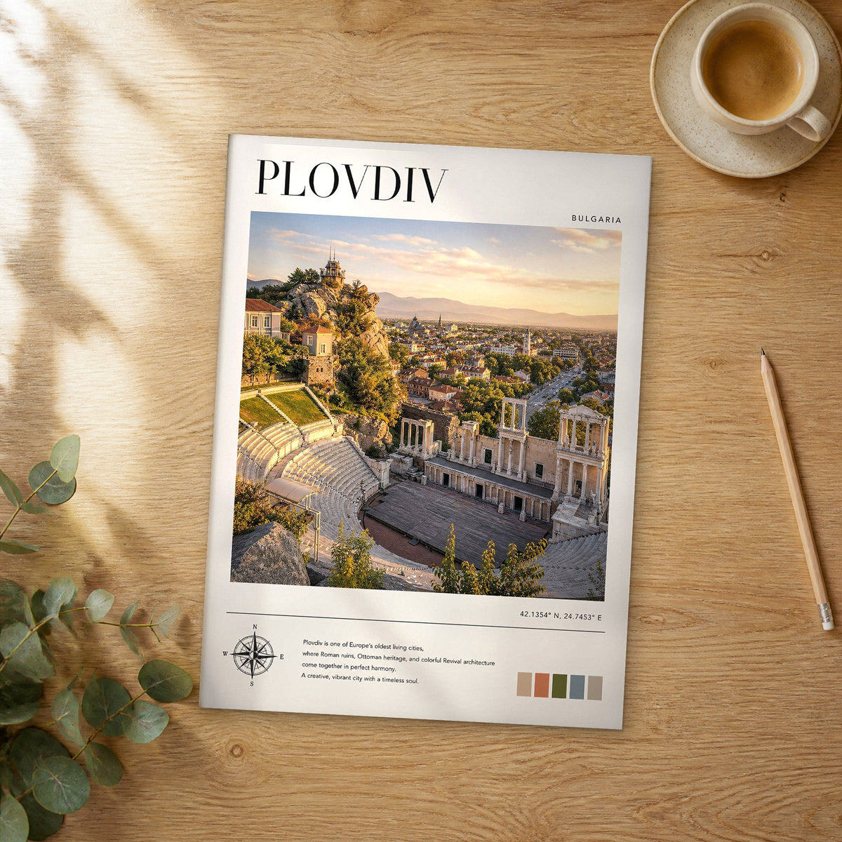 Unframed Plovdiv modern photography travel poster on a wooden table
