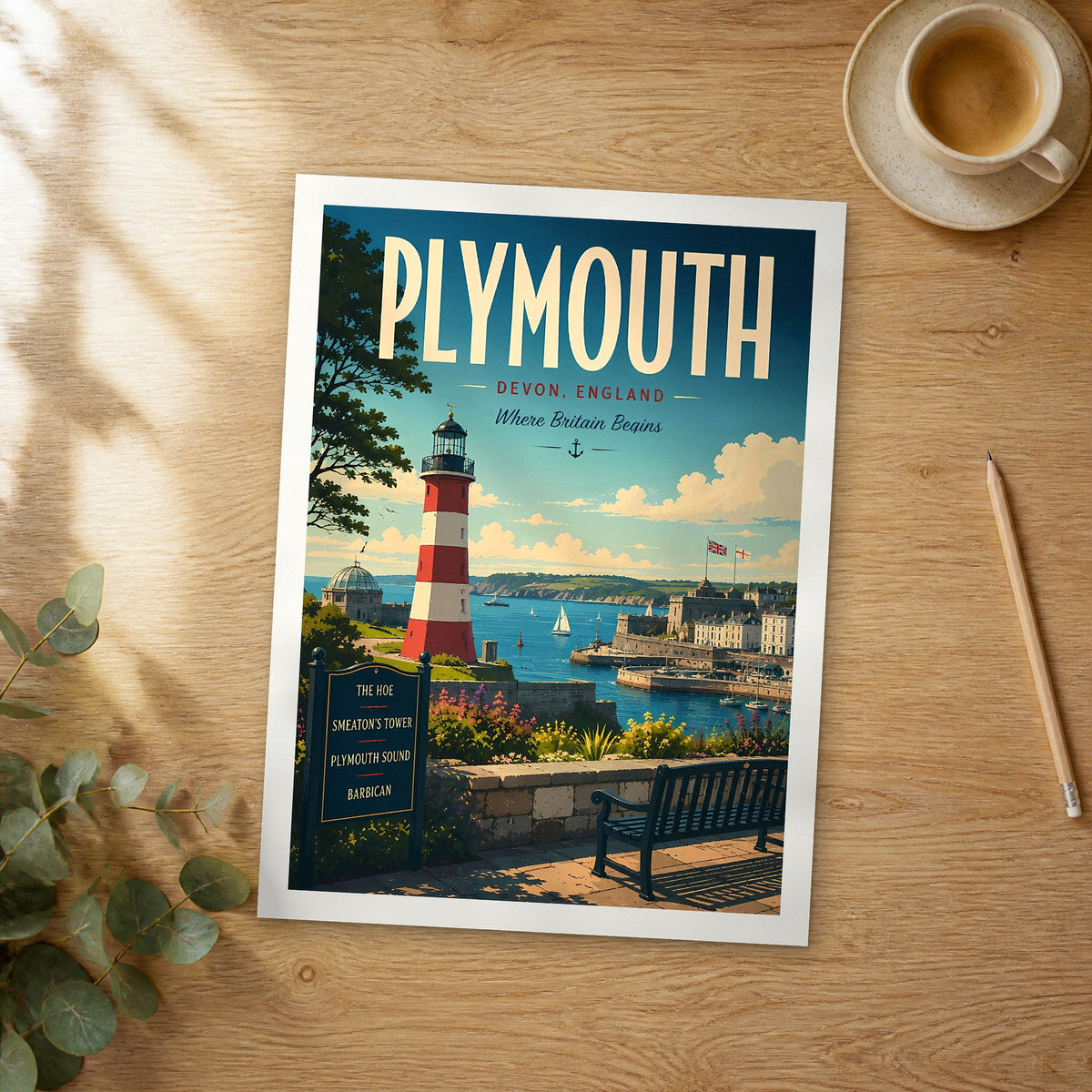 Unframed Plymouth retro travel poster on a wooden table