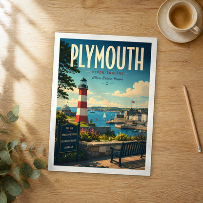 Unframed Plymouth retro travel poster on a wooden table