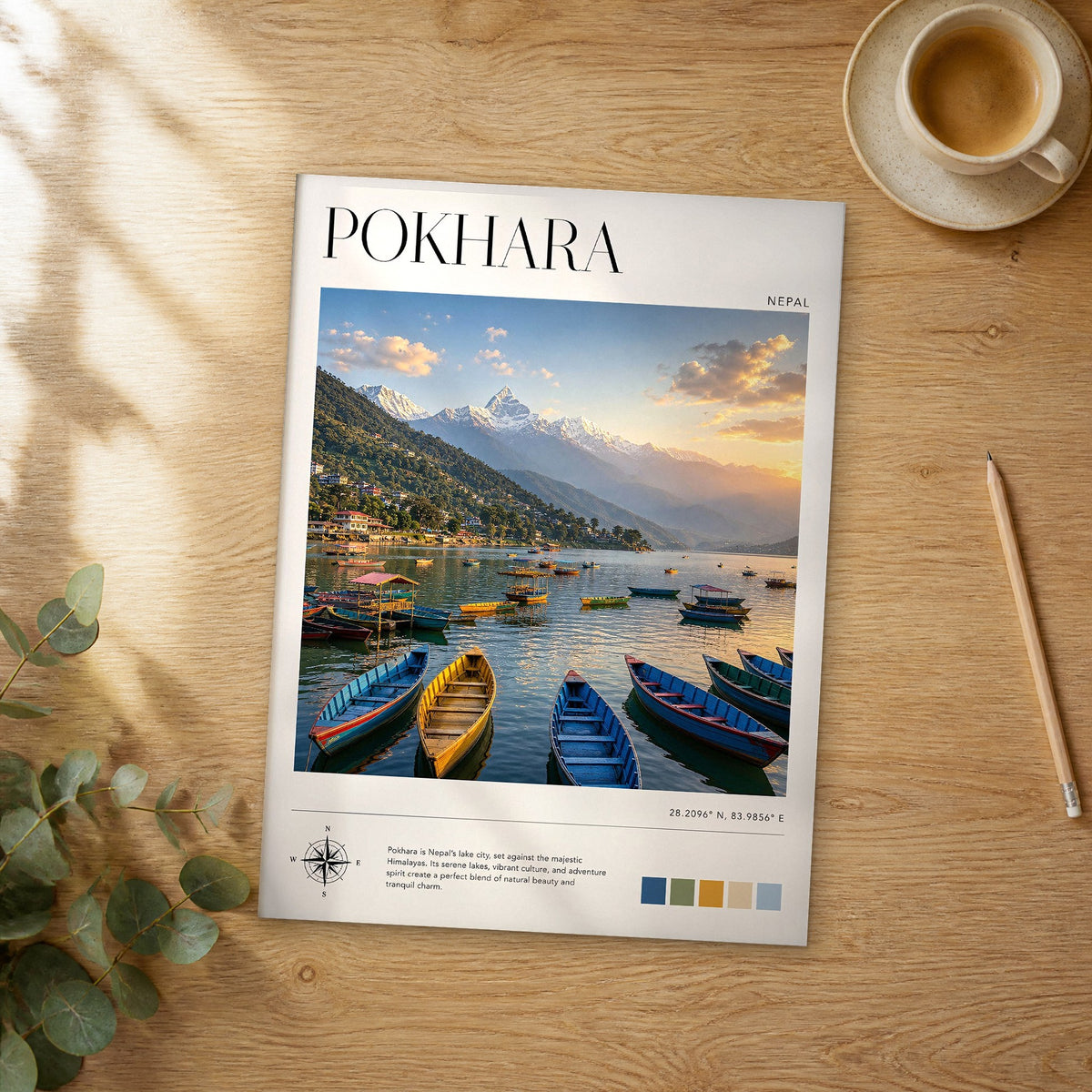 Unframed Pokhara modern photography travel poster on a wooden table