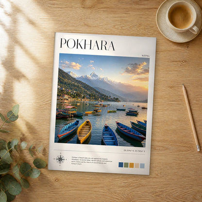 Unframed Pokhara modern photography travel poster on a wooden table