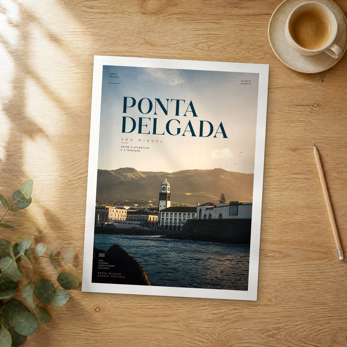 Unframed Ponta Delgada bold typography travel poster on a wooden table