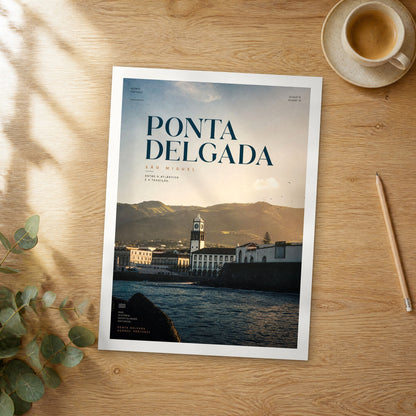 Unframed Ponta Delgada bold typography travel poster on a wooden table