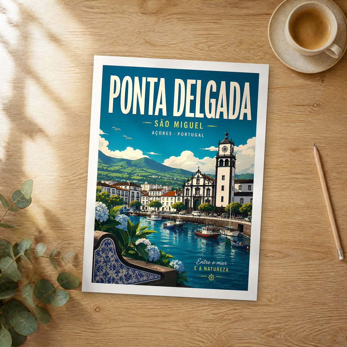 Unframed Ponta Delgada retro travel poster on a wooden table