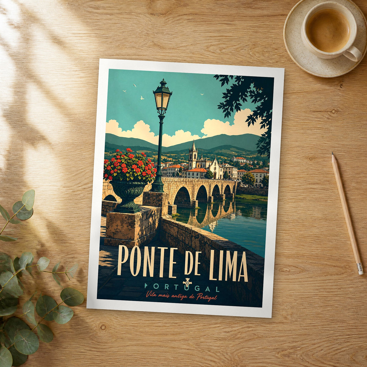 Unframed Ponte de Lima retro travel poster on a wooden table