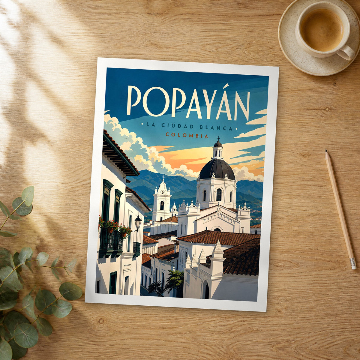 Unframed Popayán Cathedral Dome Rooftops retro travel poster on a wooden table